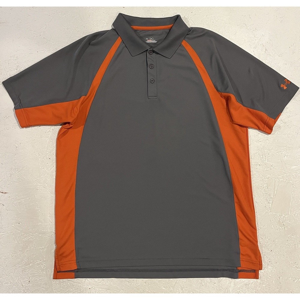 Under Armour Polo Shirt Mens XL Loose Gray Orange Logo Golfing Heat Gear